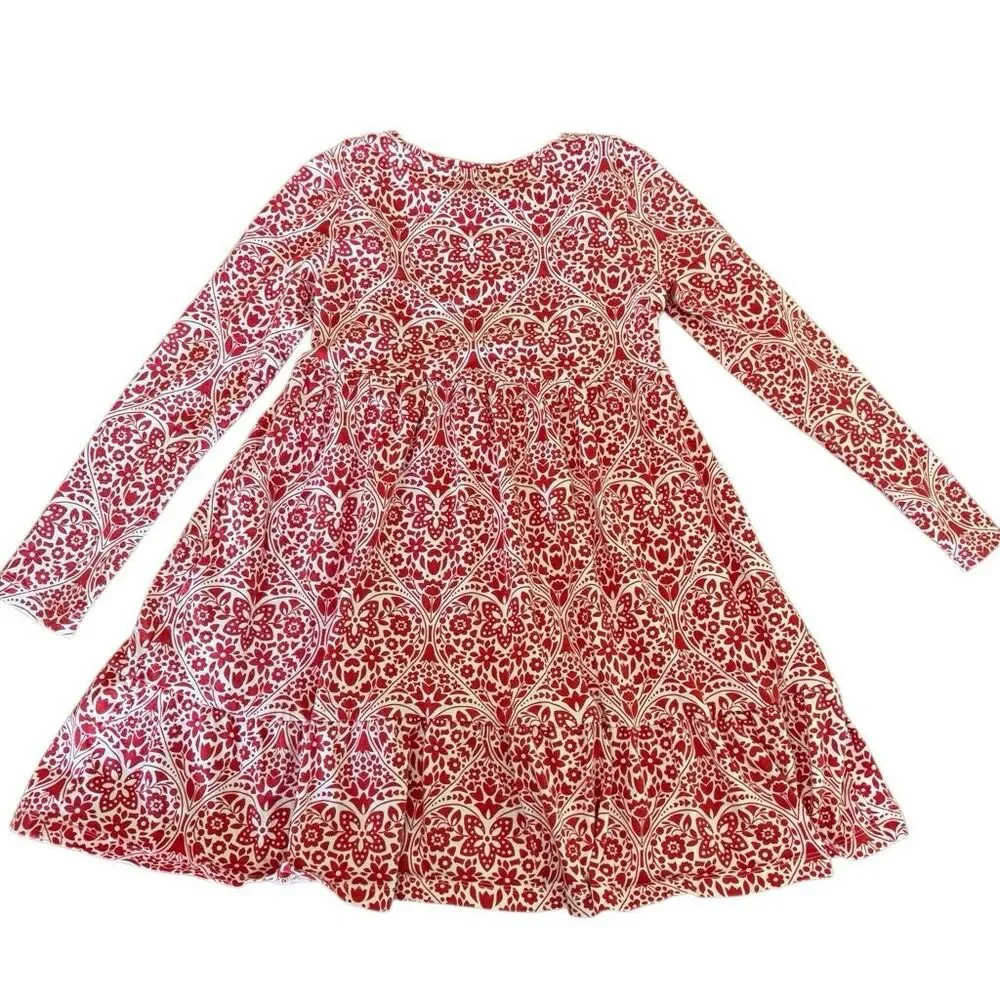 Mini Boden | Scandinavian Folk Floral Dress Red White Ruffle Tiered | Girls 9-10